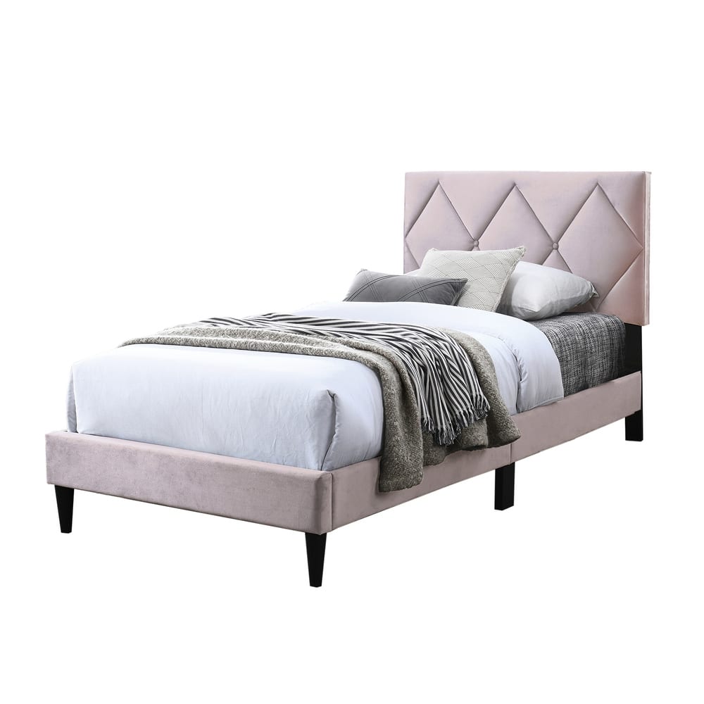 Velvet Upholstered Adjustable Headboard Twin Bed with Tufting Design