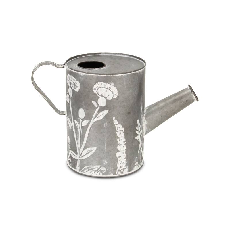 HomeRoots 8" Gray And White Galvanized Metal Flowers Hand Painted Decorative Watering Can - 13.25 in. x 8.25 in. x 6.25 in.