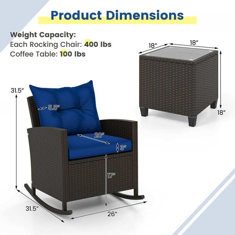 3-Pieces Patio Rattan Roker Chairs with Tufted Soft Cushions and Square Tempered Glass Table - 31.5" x 26" x 31.5"