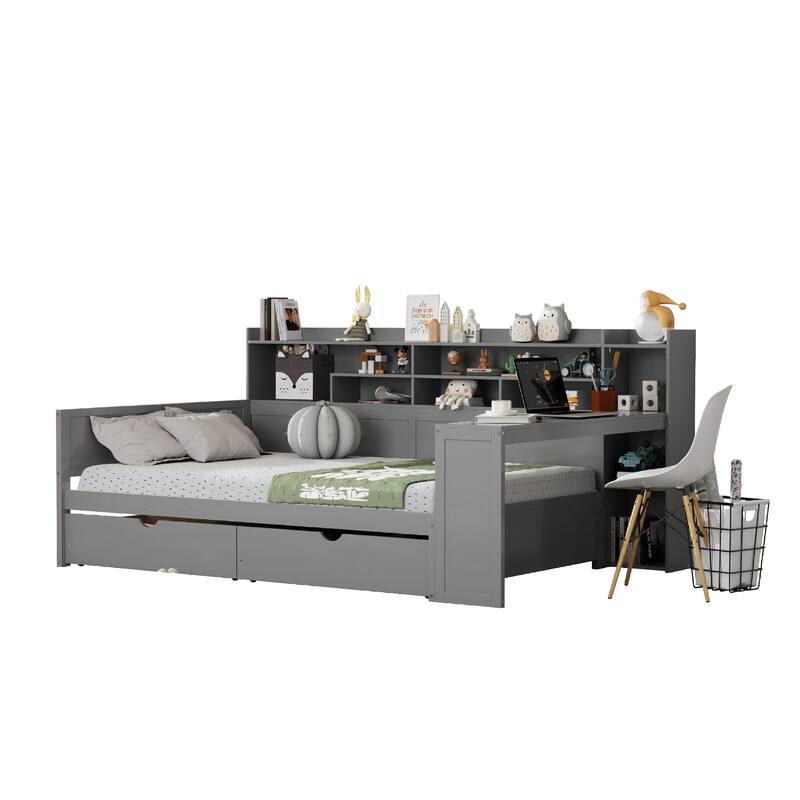 Full Size Daybed with Storage Shelves, Multi-functional Bed with Two Storage Drawers and Study Desk