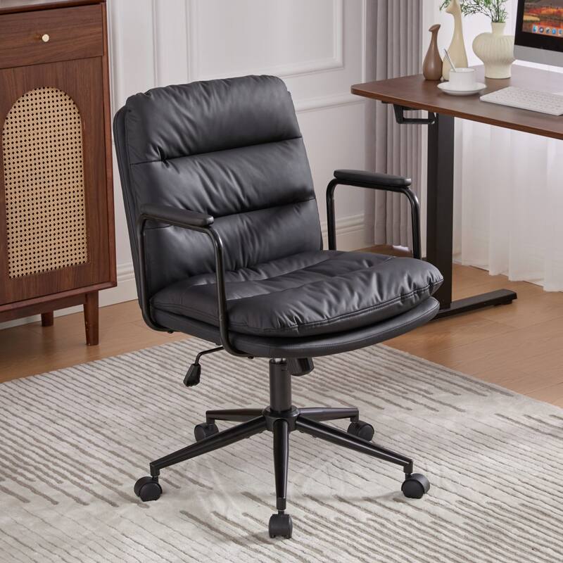 Office Chair,Mid Back Home Office Desk Task Chair with Wheels and Arms Ergonomic PU Leather Computer Rolling Swivel Chair - Black