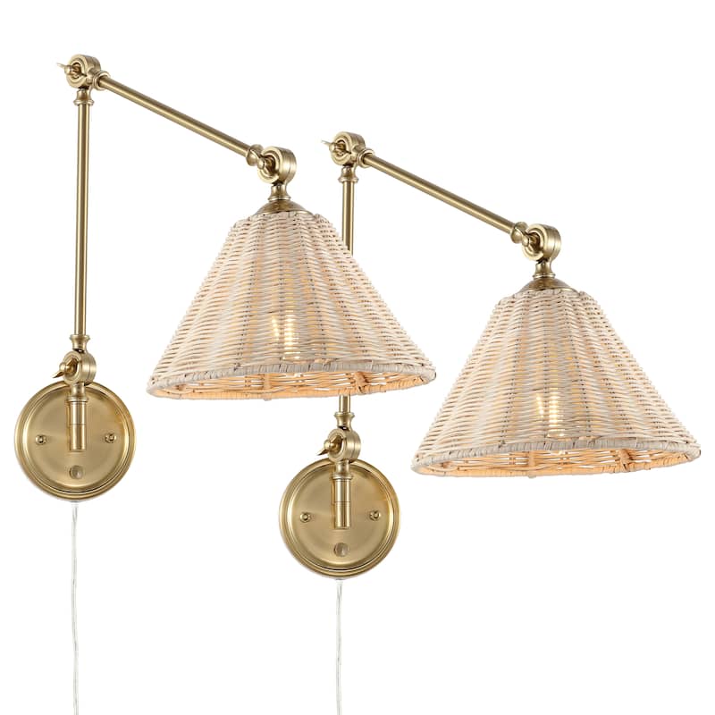 WINGBO Gold Rattan Swing Arm Wall Lamp Set of 2 Adjustable Wall Mounted Sconce - N/A