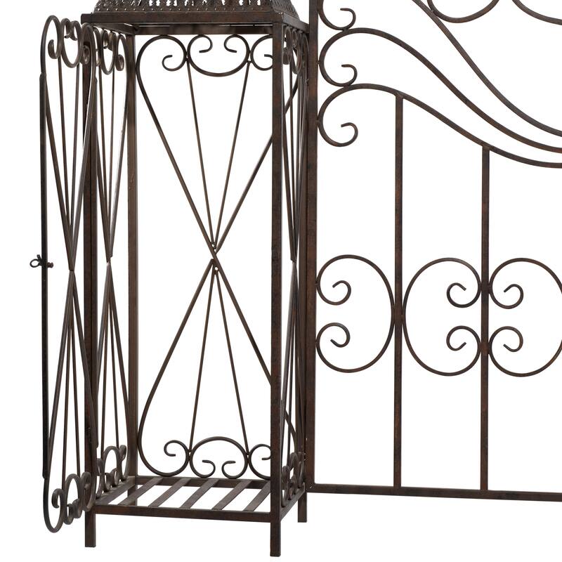 Black Metal Indoor Outdoor Scrollwork Arched Gate Garden Arbor with Pillars and Latch Lock Closure