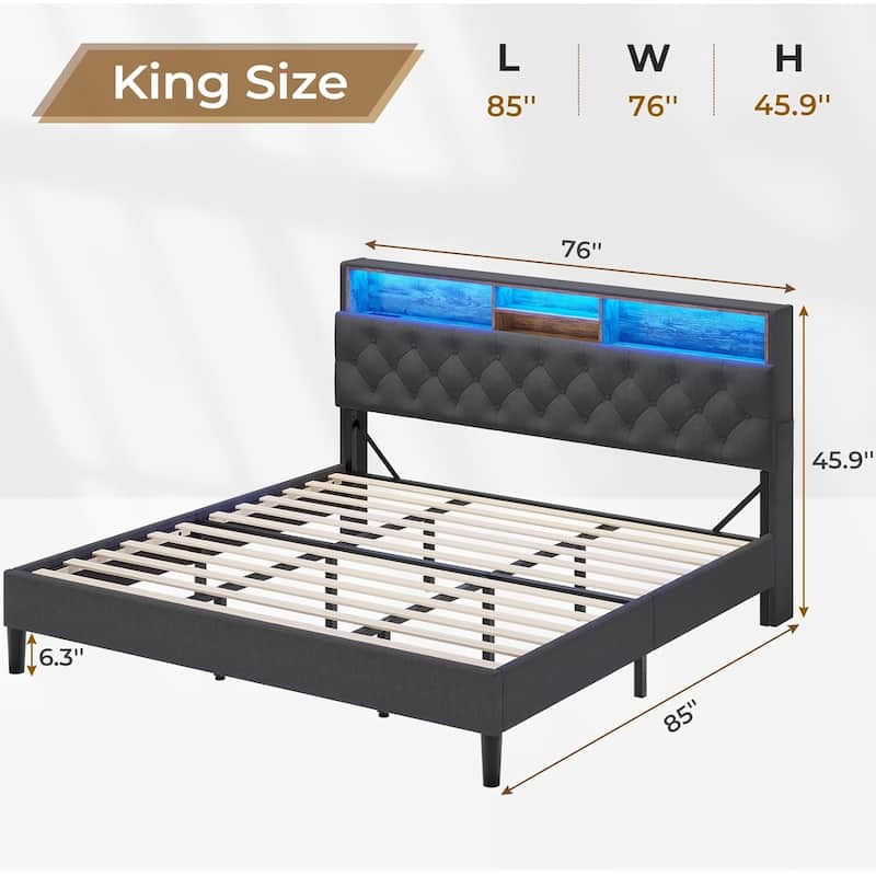 Bed Frame Storage Headboard RGB LED Lights Upholstered Platform