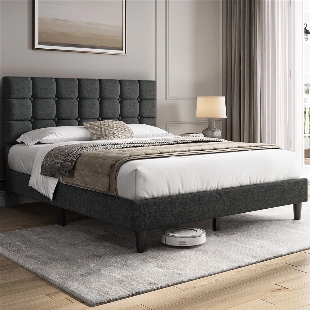 Upholstered Bed Frame Square Tufted Adjustable Queen Deep Gray