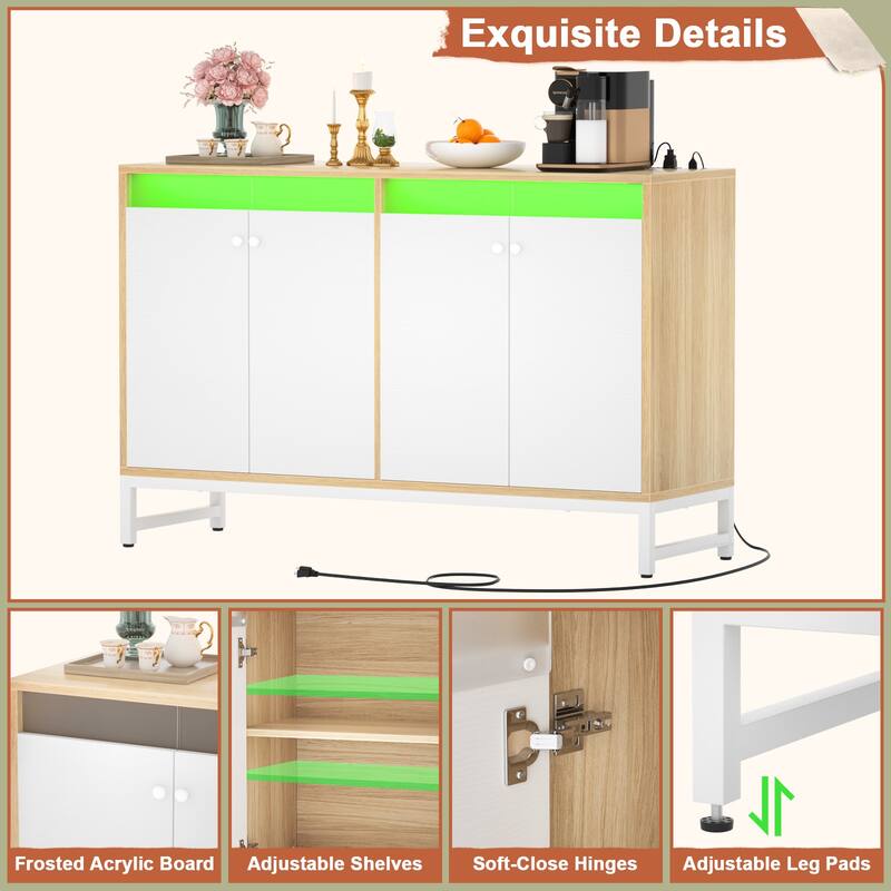 4 Doors Accent Cabinet with Power Outlet, Buffet Cabinet Storage Bar Cabinet with LED Light