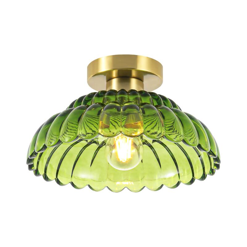1-Light Vintage Brass Finish Metal Semi-Flush Mount Ceiling Light with Amber/Green/Grey/Clear Glass Shade for Kitchen, Hallway