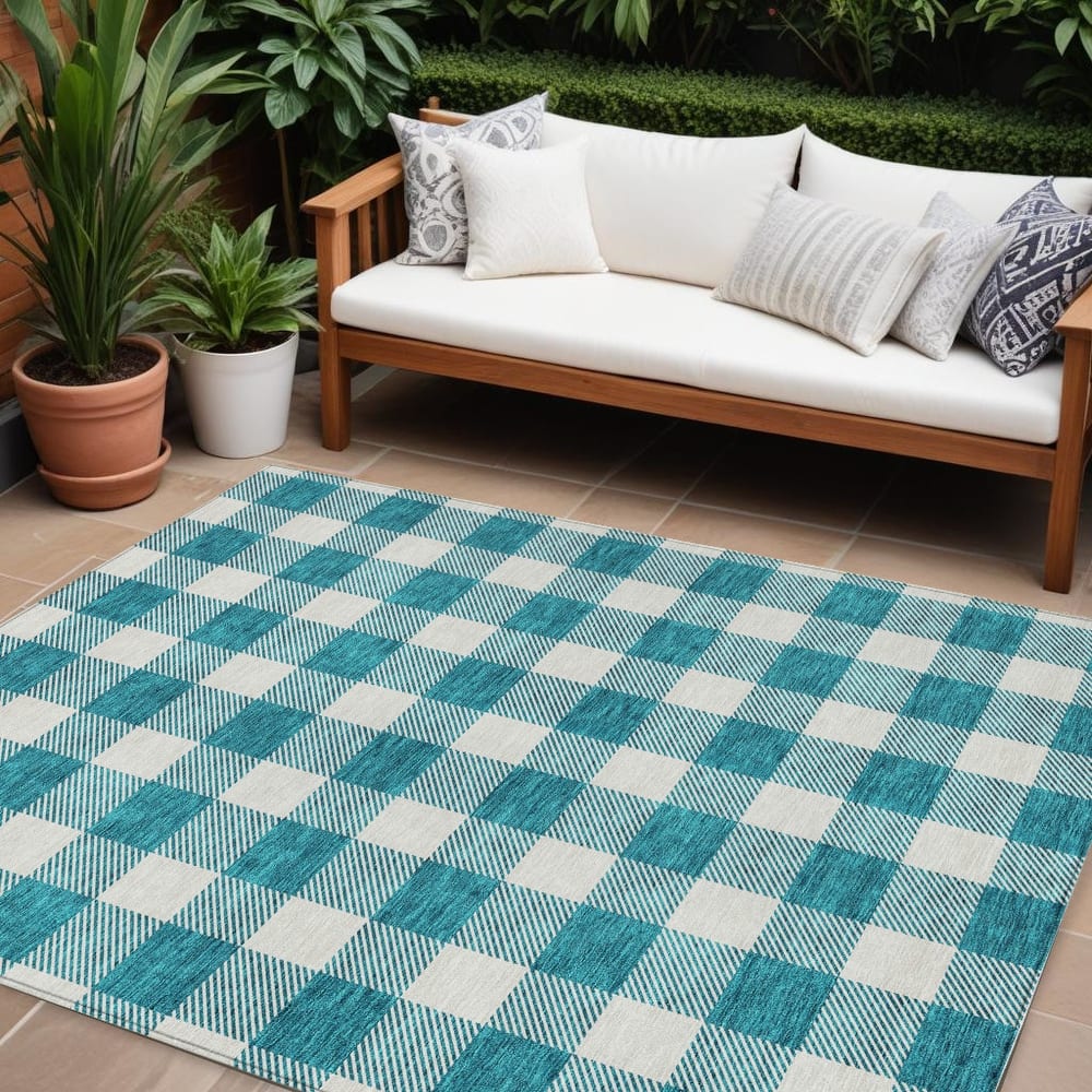 HomeRoots Plaid Transitional Rectangle Outdoor Rug