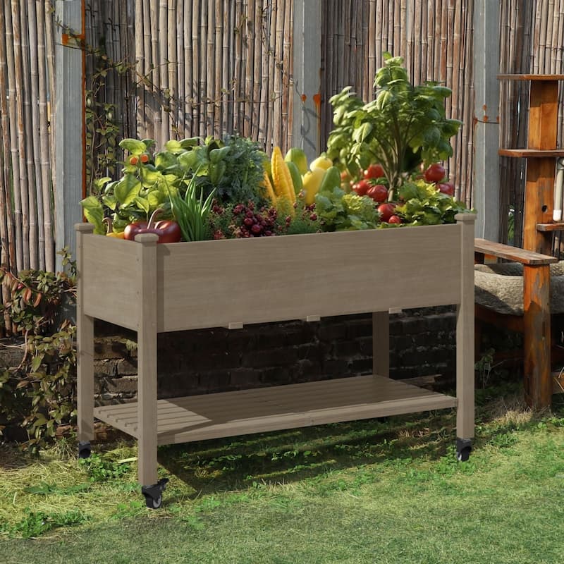 VEIKOUS Wood Raised Garden Bed Planter Box with Four Wheels and Legs, 46.8''W x 22.4''D x 33''H - Brown