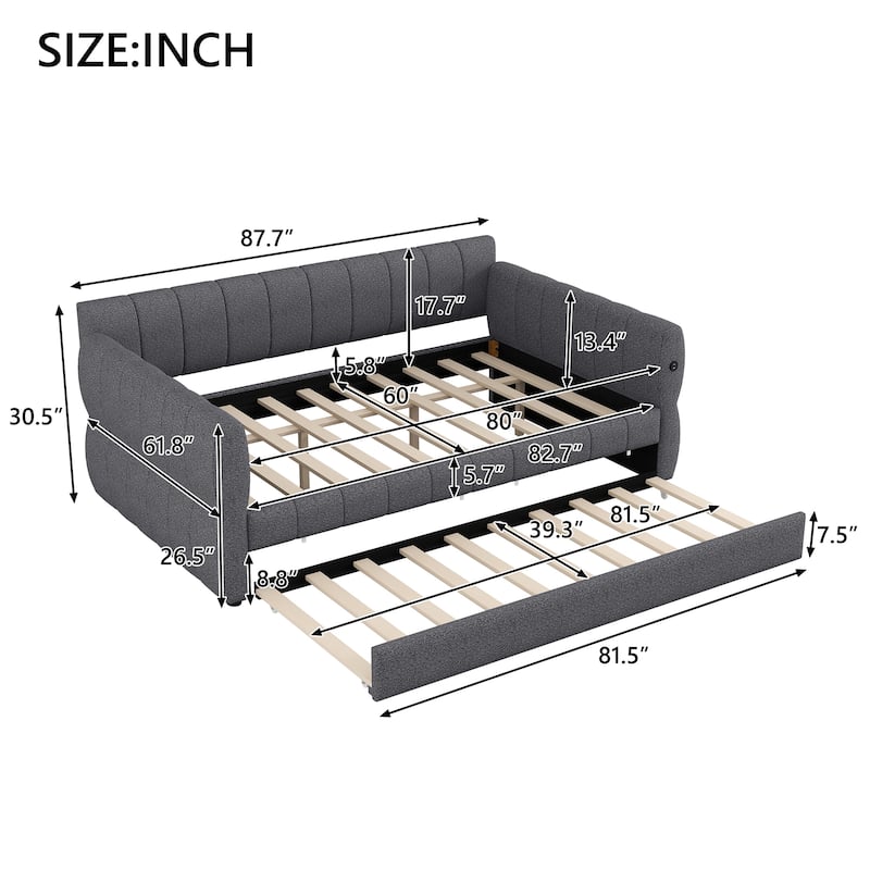 Modern Fabric Upholstered Daybed Queen Size Sofa Bed Frame with Backrest and Armrests, USB Charging Ports, No Box Spring Needed