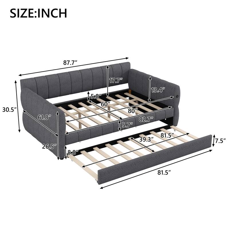 Queen Size Upholstered Daybed with USB and Optional Platform Storage Bed with 2 Drawers or Low Profile Sofa Bed with Trundle Bed