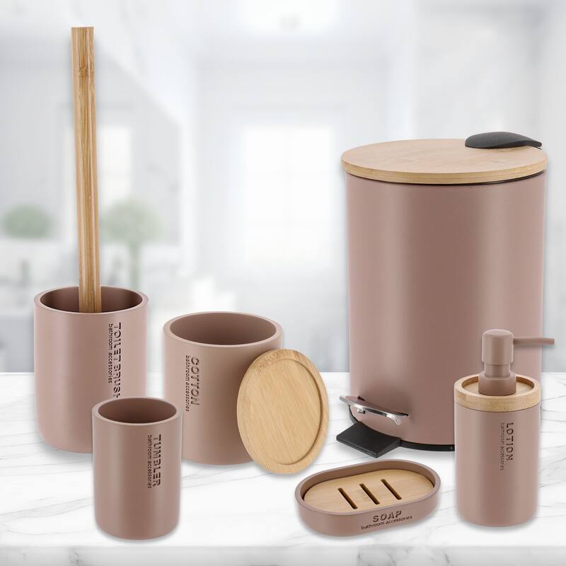Bathroom Accessories with Natural Accents, Modern 6-piece Set - Cappuccino