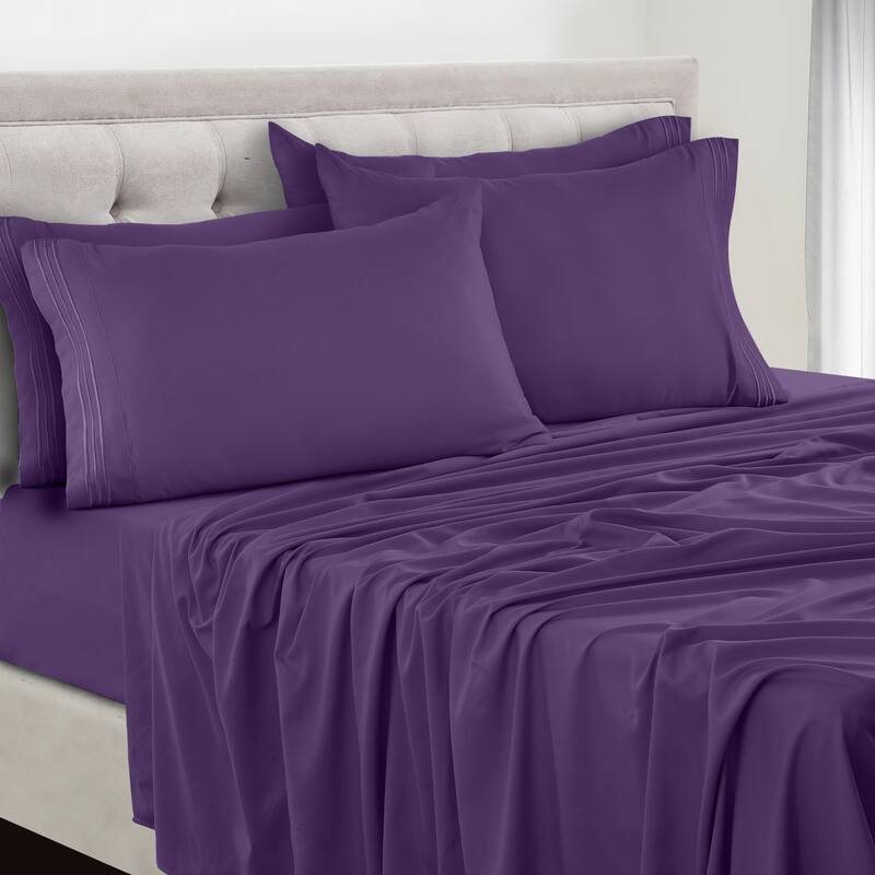 6 Piece Bed Sheet Set Deep Pocket Ultra Soft Microfiber Bedding Sheets - King - Purple