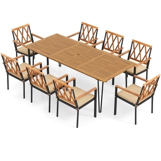 Gymax 9 PCS Patio Dining Set w/ 8 Chairs Acacia Wood Table Top