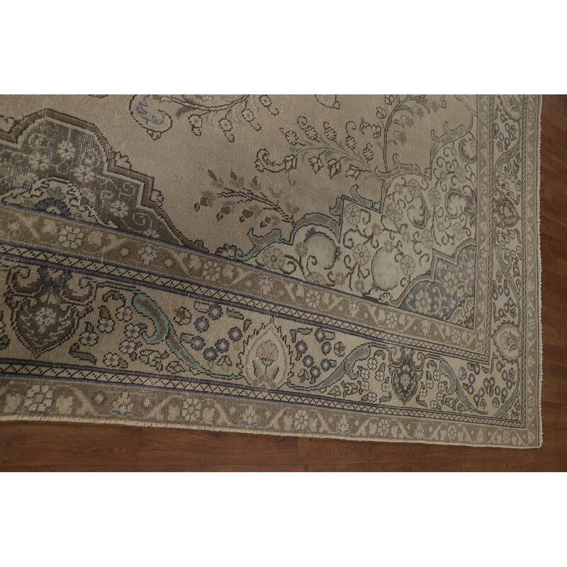Distressed Tabriz Vintage Persian Rug Hand-Knotted Beige Wool Carpet - 9'6" x 12'8"