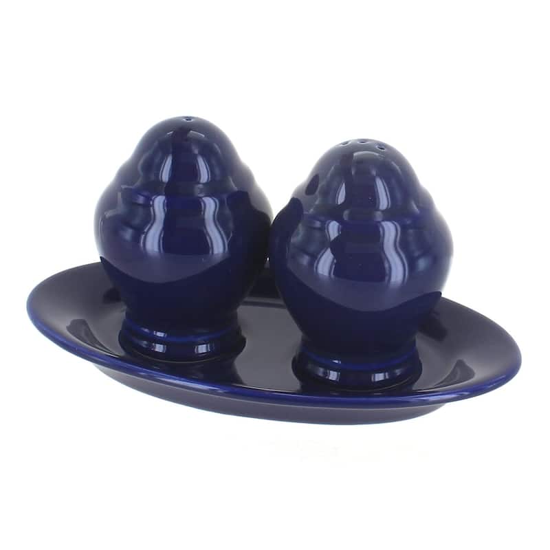 Blue Rose Polish Pottery 1282 Zaklady Salt & Pepper Shakers with Plate - Cobalt