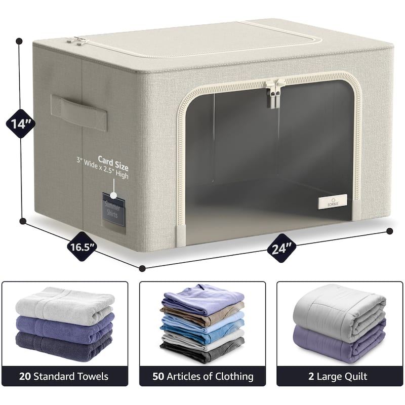 Sorbus Jumbo Storage Bins with Metal Frame Stackable Foldable Clothes Organizer Bags Oxford Fabric & Clear Window & Handles- 4Pk