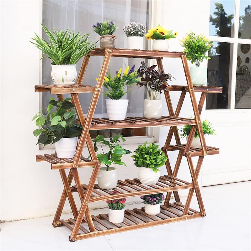 Outdoor Indoor Multi-Tiered Metal Wooden Plant Stand,Planter Flower Pot Garden Shelf Shelving,Dark Brown - Brown