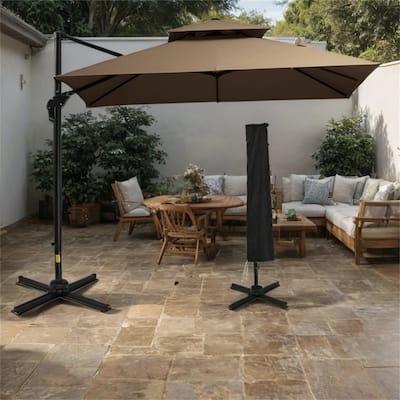 10ft Double Top Aluminum Cantilever Umbrella with 360° Rotation,8 Ribs,Crank, Cross Base