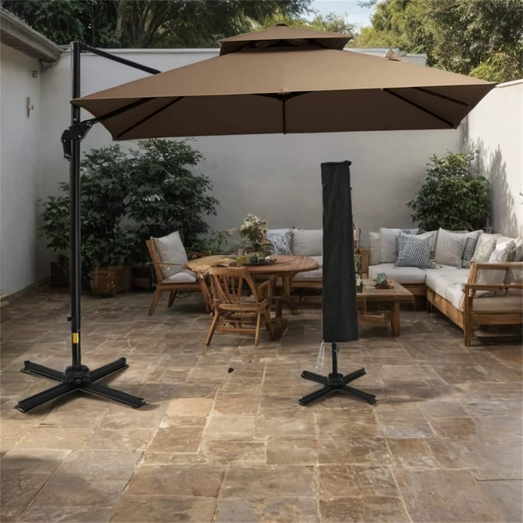 10ft Double Top Aluminum Cantilever Umbrella with 360° Rotation,8 Ribs,Crank, Cross Base