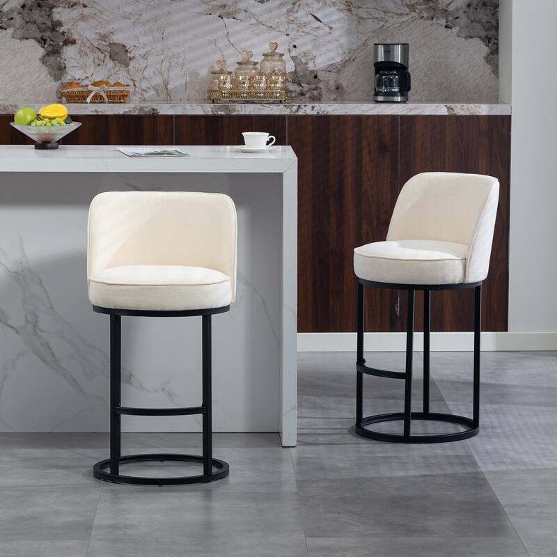 Counter Height Bar Stools Set of 2, Modern Barrel Counter Stools with Backrest, Linen Fabric Upholstered Accent Bar Stools