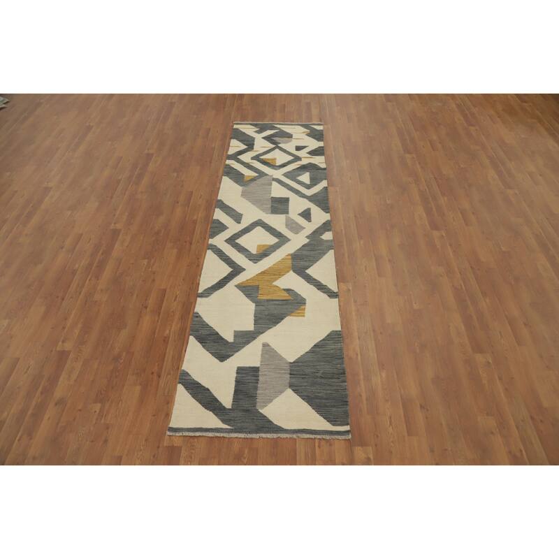 Hand Woven Oriental 100% Wool Carpet Southwestern Modern Beige & Ivories Kilim Runner Rug - 9' 9'' X 2' 8''