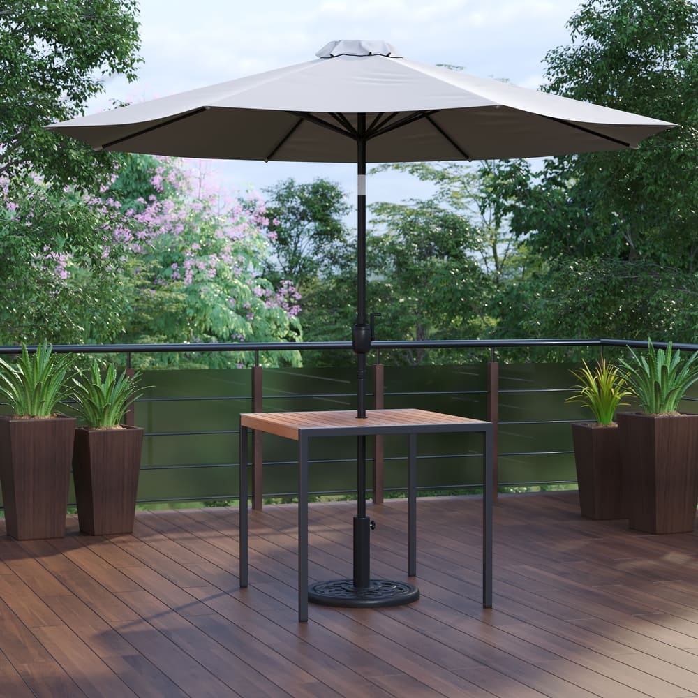 Black Steel Framed 35" Square Faux Teak Patio Table-Tan 9FT Patio Umbrella-Base