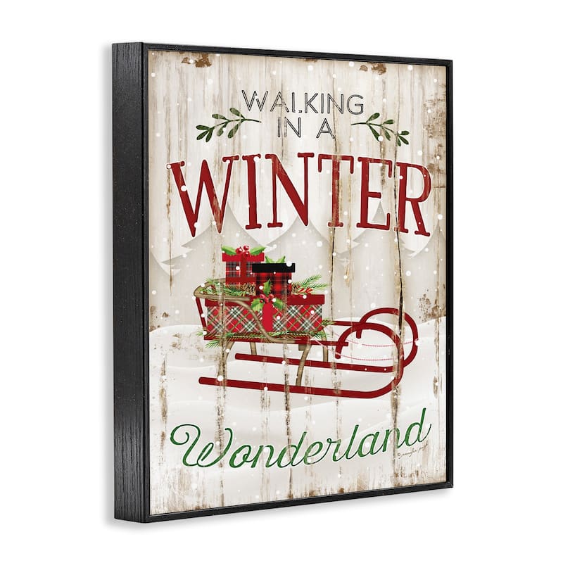 Stupell Winter Wonderland Red Sleigh Wood Texture Christmas Word Design Framed Wall Art, Proudly Made in USA