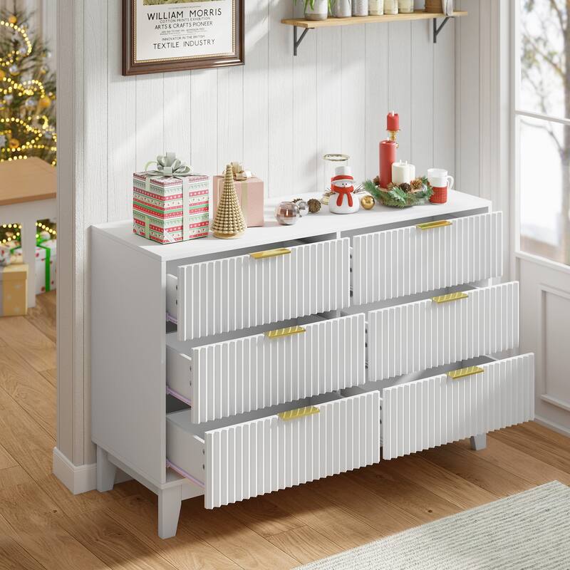 EROMMY Fluted Dresser 6 Drawer Mid Century Modern Dresser Wide Chest of Drawers with Metal Handles for Bedroom Living Room