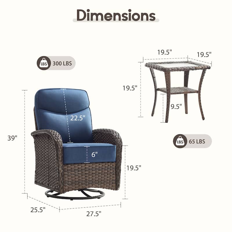 Meyreso 3-Piece Wicker Patio Swivel Glider Chairs with 6-Inch Thick Cushions and Side Table