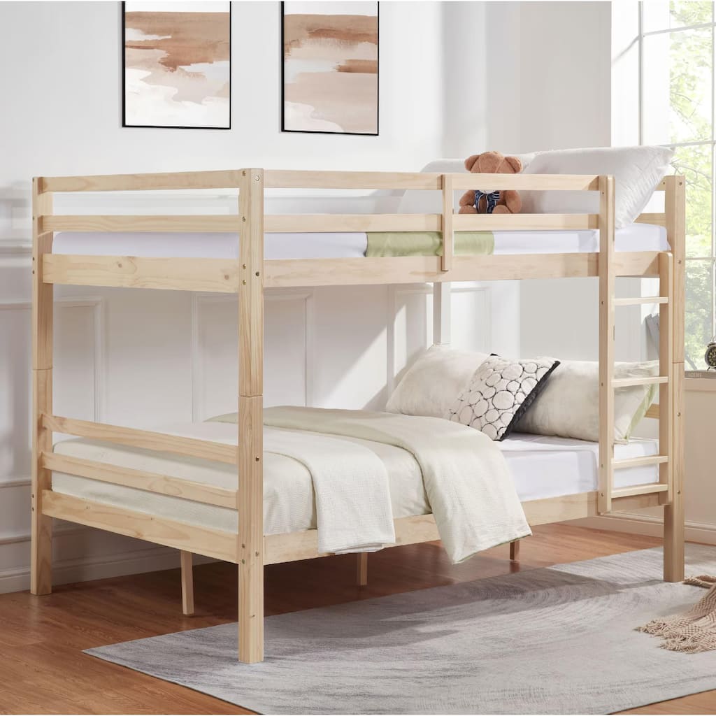 Full Over Full Bunk Bed, Thick Wood Posts, High Guardrail, Ladder
