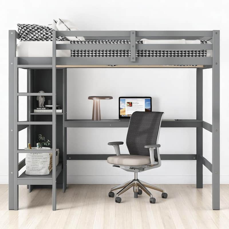 Full Loft Bed with Built-in Desk and Playful Shelves, Modern Wood Frame with Guardrails, Space-Saving Design