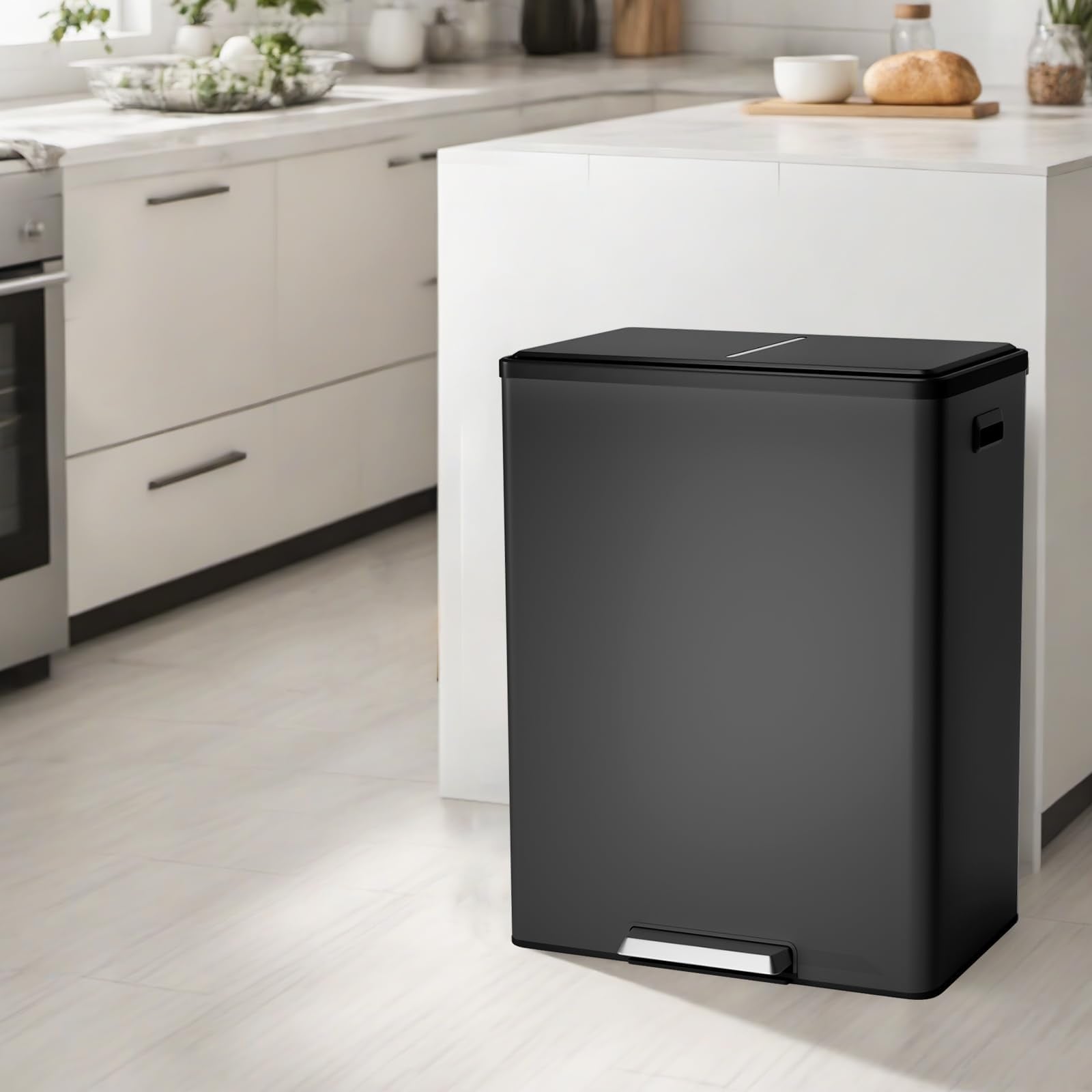 2X8 Gal Dual Trash Can,Recycling Dual 30l Compartment Stainless Steel Kitchen Bin - 60l Total Capacity, Foot Pedal & Lid