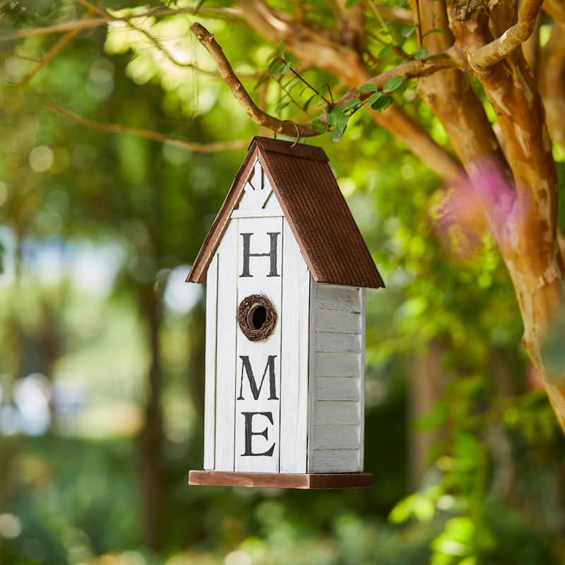 Glitzhome 14"H Farmhouse Solid Wood "HOME" Birdhouse - Off-White