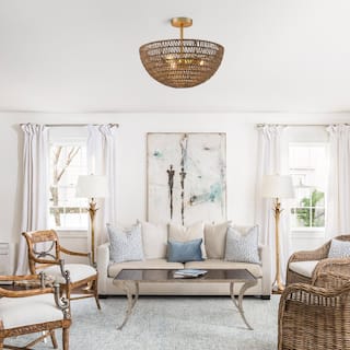 Luna 3-Light Large Dome Shade Seagrass Semi Flush Mount Coastal Ceiling Light in Brass - 18 in.Wide