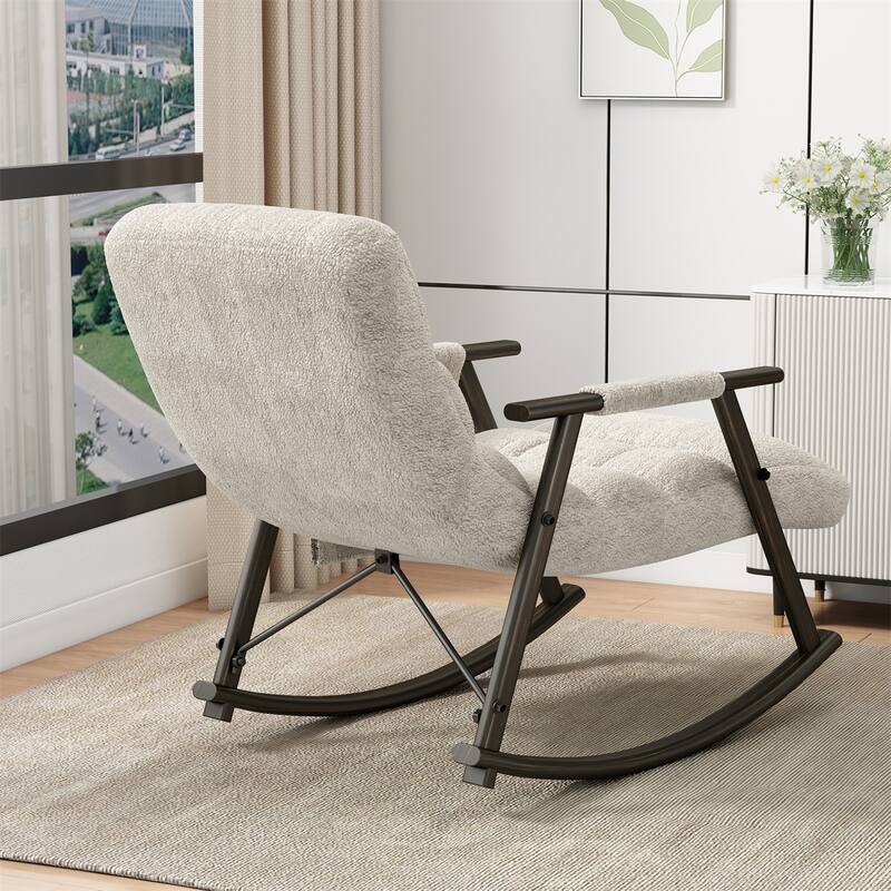 Upholstered Rocking Chair with Adjustable High Back, Side Pockets
