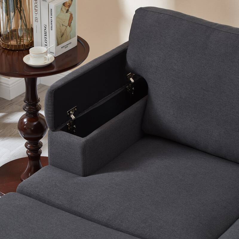 L Shaped 3 Seats Sofa with Armrest Organizer, Linen Sectional Sofa with Movable Ottoman, Comfy Upholstered 3 Seater Couch,
