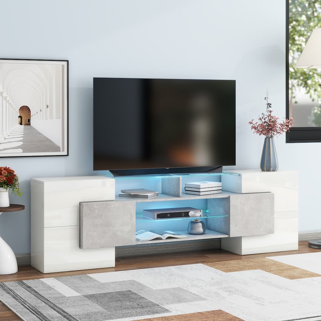Modern Stylish TV Stand for TVs up to 88 Inches with LED Color-Changing Lights and 2 Glass Shelves, for Living Rooms