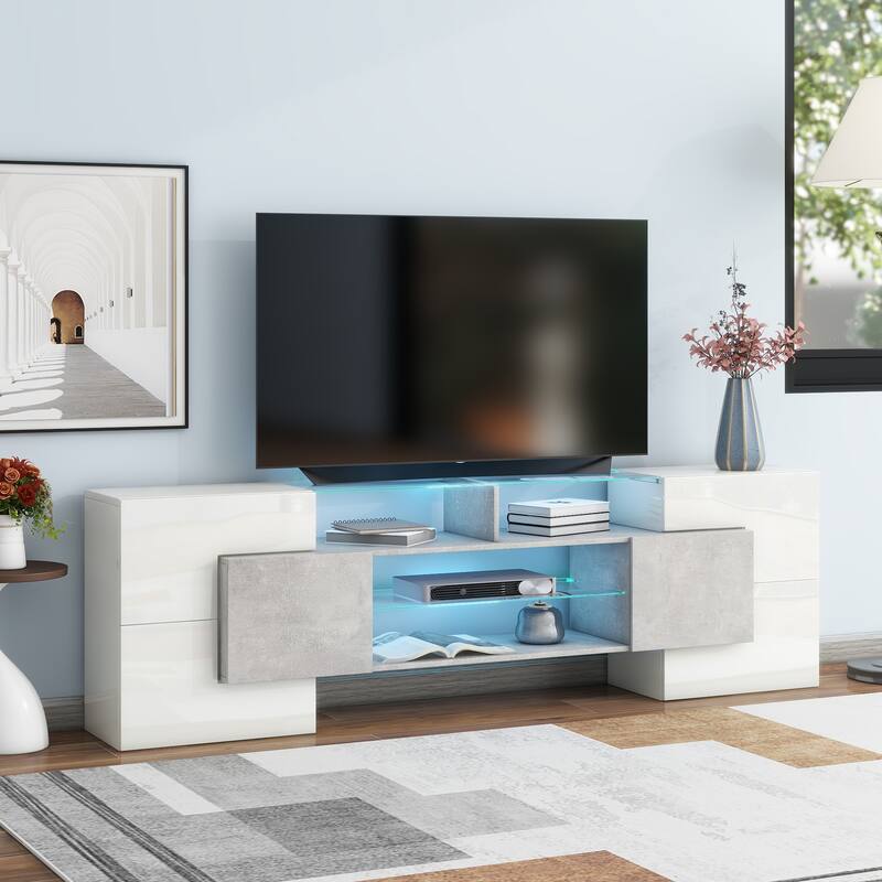 TV Stand with 2 Illuminated Glass Shelves, High Gloss Entertainment Center for TVs Up to 88"with LED Color Changing Lights - Grey