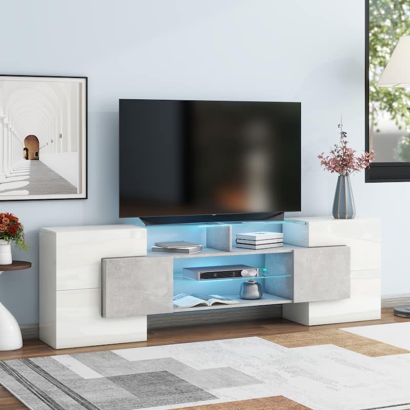 Unique Shape TV Stand with 2 Illuminated Glass Shelves
