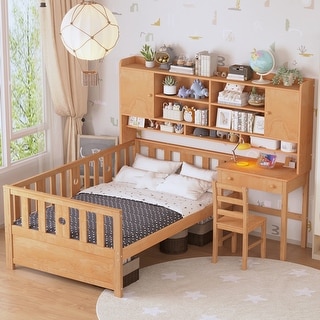 All-in-One Multi-Functional Platform Bed with Bookshelf, Built-in Desk and Matching Chair, Twin Size Wood Bed Frame for Kids