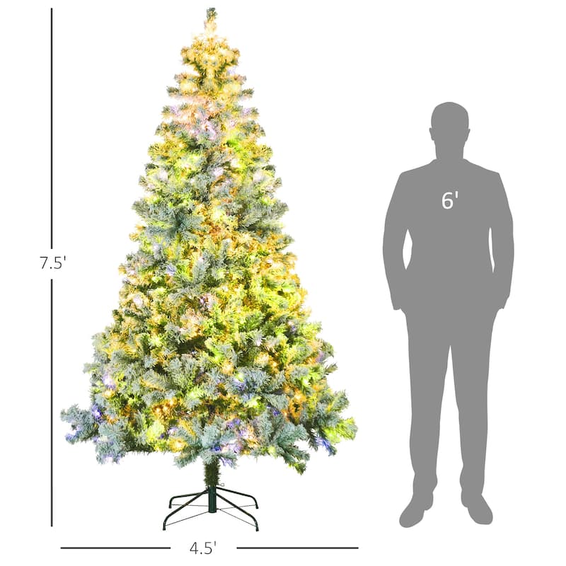 HOMCOM 7.5ft Tall Prelit Artificial Christmas Tree Holiday Décor with 1149 Snow Flocked Branches, Steel Base - 7.37 ft