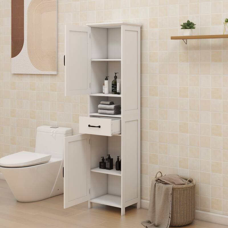 Anmytek White Tall Narrow Storage Cabinet with Drawer and Adjustable Shelves