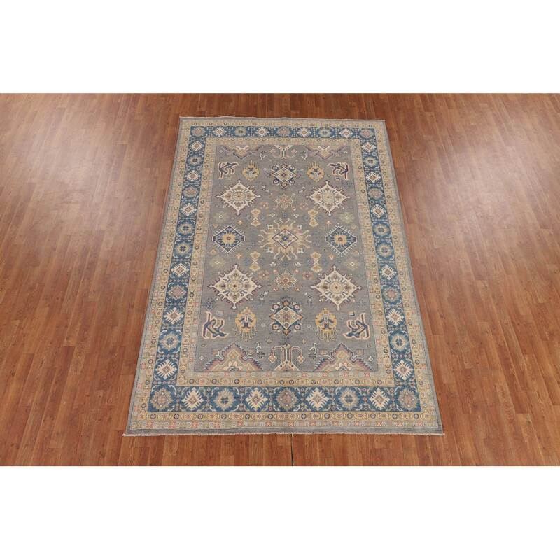 Hand Knotted Oriental 100% Wool Carpet Traditional Geometric Greys & Charcoal Kazak Area Rug - 9' 9'' X 6' 5''