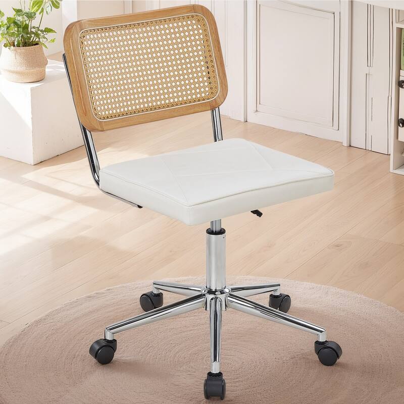 Javlergo Armless Home Office Desk Chair, Height Adjustable PU Leather Computer Task with 360° Swivel Rolling Wheels - White
