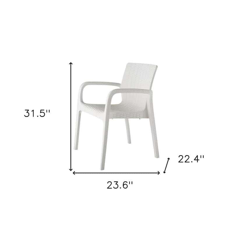 HomeRoots Set of Two White Faux Rattan Heavy Duty Plastic Outdoor Stacking Arm Chairs