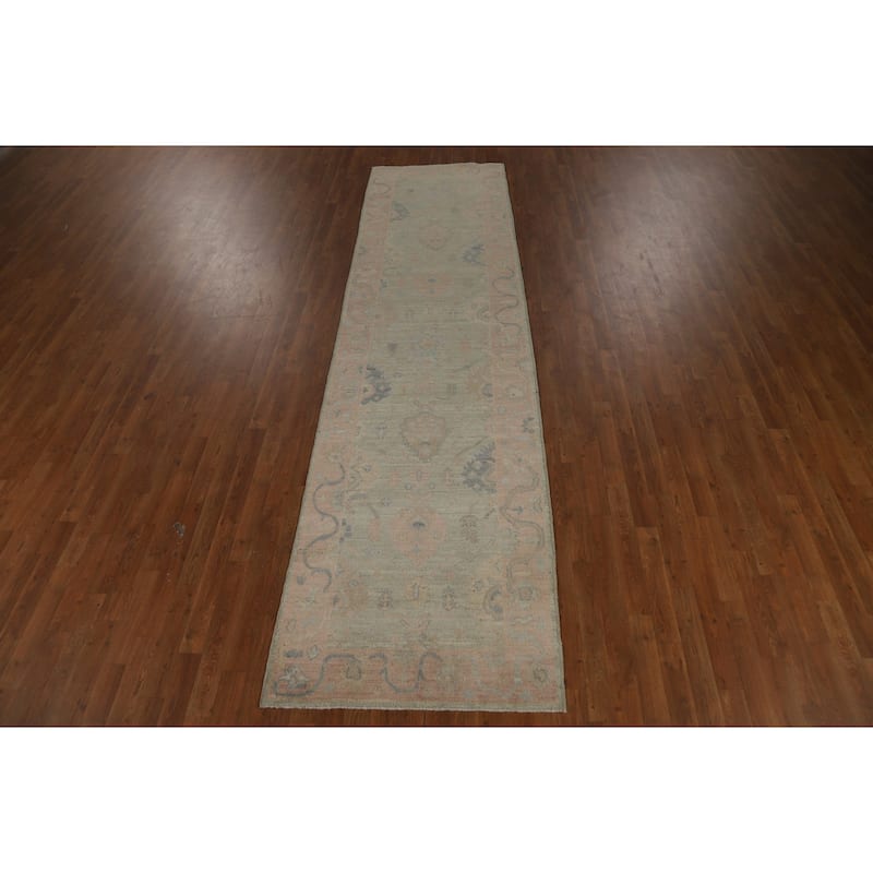 Vegetable Dye Green Oushak Turkish Runner Rug Handmade Wool Carpet - 3'2" x 12'0"