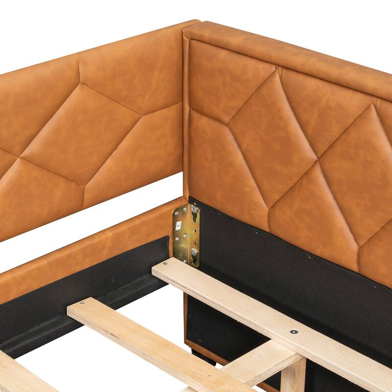 Full XL Upholstered Daybed with Trundle and LED Lighting, Brown