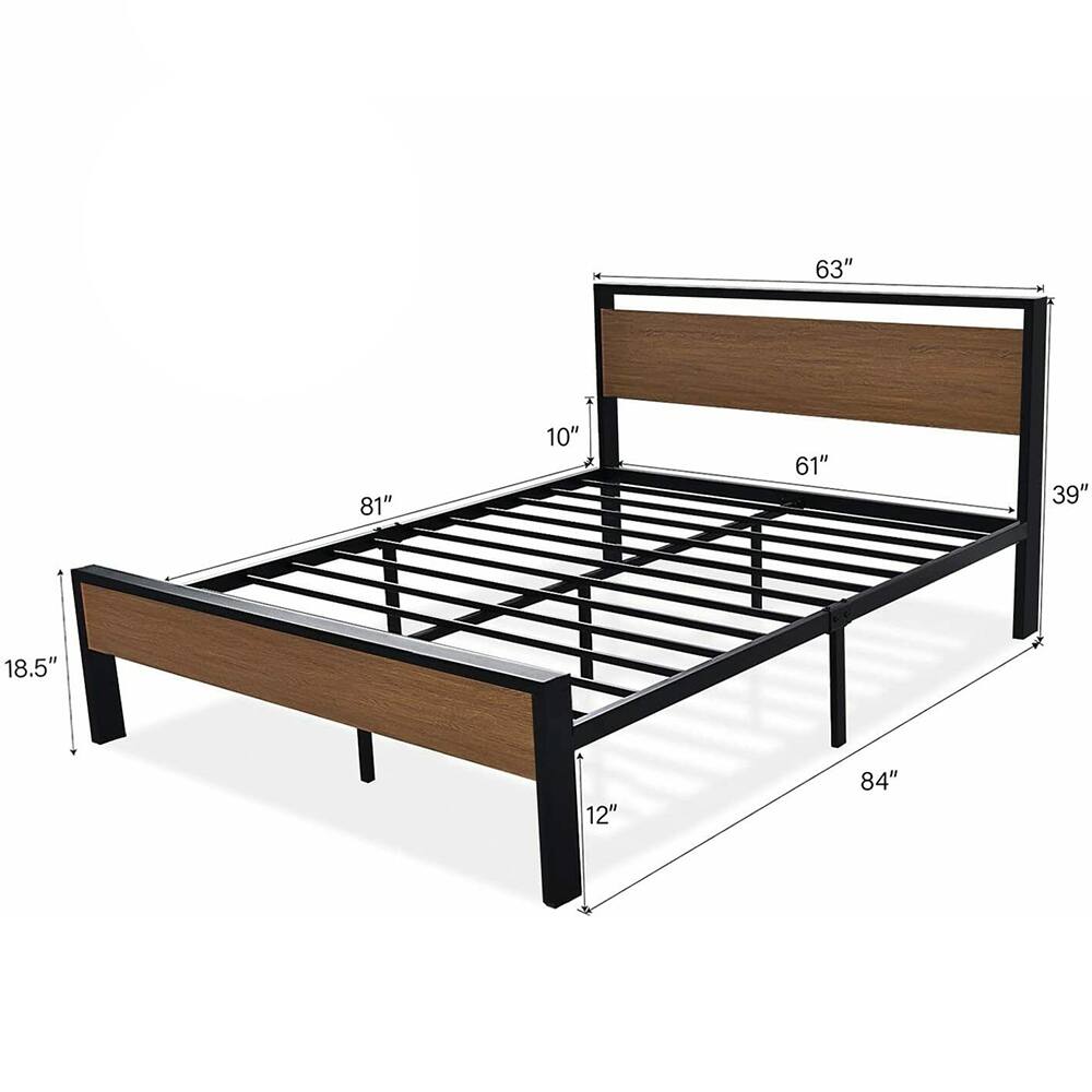 Queen Size Metal Bed Frame with Wooden Headboard & Footboard, Walnut