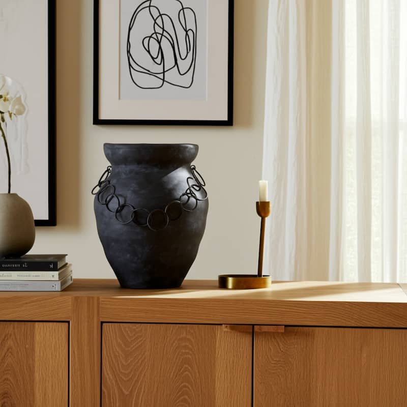Pottery Terracotta Vase with Ring Accent Detail Modern Display Piece